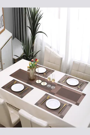 HOKIPO Brown 5 Pieces Textured & Colourblocked Washable Placemats with Runner