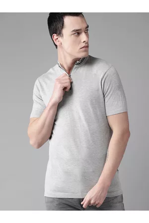 Roadster Men Short Sleeve - The Lifestyle Co Men Grey Melange Solid Mandarin Collar T-shirt
