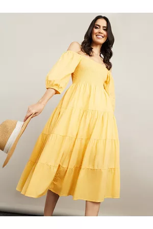 Styli Off Shoulder Puff Sleeve Smocked Tiered Cotton Midi Dress
