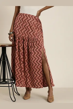 Taavi Women Bagru Chevron Printed Pure Cotton A-Line High-Slit Skirt