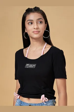 Pantaloons Girls Typography Printed Tie Up Cotton T-Shirt