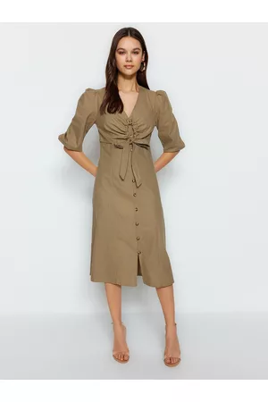 Trendyol Puff Sleeve Dresses - V-Neck Puff Sleeve Ruched Pure Cotton Shirt Midi Dress