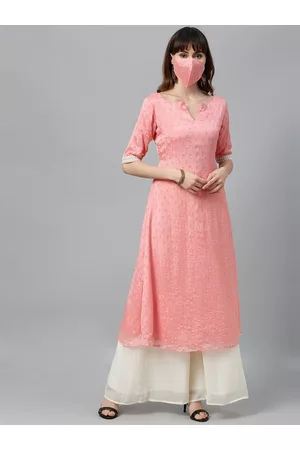 Ethnovog Women Pink Off-White Embroidered Made To Measure Kurta with Palazzos