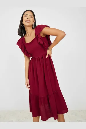 Styli Square Neck Ruffled Fit & Flare Midi Dress