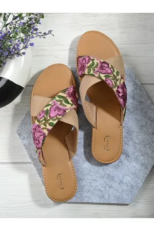 PANAHI Women Cross Strap Embroidered Lace Open Toe Flats