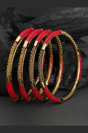 Adwitiya Collection Set Of 4 Gold-Plated Red Stone-Studded & Beaded Bangles