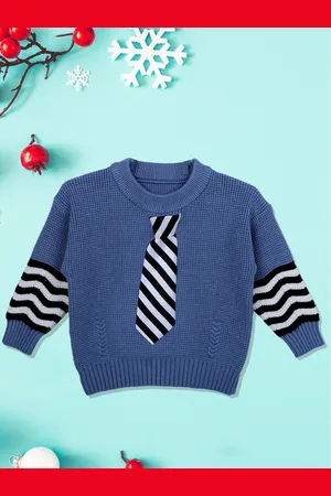 Baby Moo Unisex Kids Blue & Black Ribbed Pullover Sweater With Tie