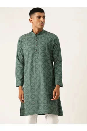 Armaan Ethnic Block Printed Mandarin Collar Cotton Linen Straight Kurta