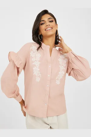 Styli Floral Embroidered Mandarin Collar Shirt Style Top