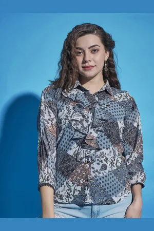DressBerry Blue And Brown Printed Ruffled Shirt Style Top