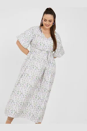 Styli Plus Size Floral Printed Waist Tie-Ups Flared Sleeves A-Line Dress