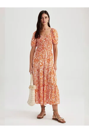 DeFacto Floral Print Smocking Puff Sleeve A-Line Maxi Dress