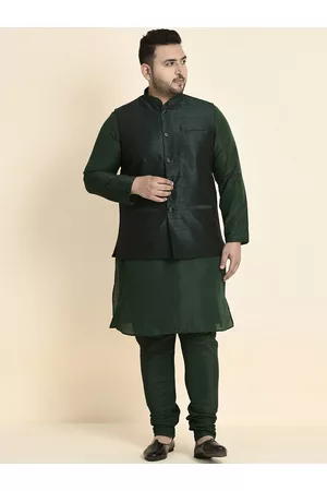 Hangup Plus Green & White Regular Fit Plus Size Kurta & Pyjamas Set With Nehru  Jacket