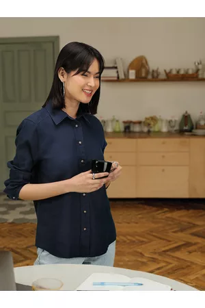 Marks & Spencer Navy Blue Linen Shirt Style Top
