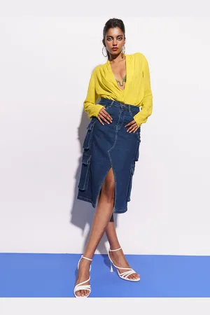 FREAKINS Blue Denim Cargo Pockets Midi Skirt