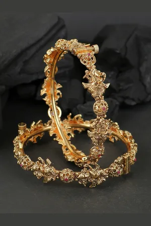 Adwitiya Collection Set of 2 Gold-Plated Magenta Stone Studded Handcrafted Bangles