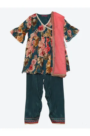Biba Girls Teal Green & Pink Floral Printed Angrakha Kurta with Patiala & With Dupatta