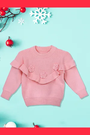 Baby Moo Girls Peach Flowers And Frills Ribbed Premium Full Sleeves Knitted Pullover