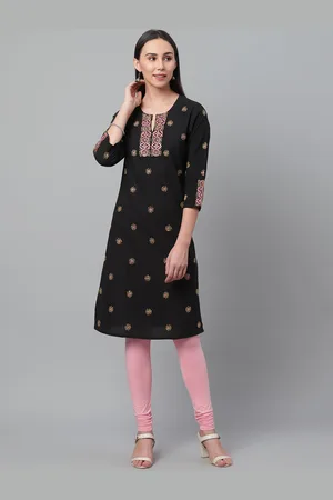 akheri Women Black & Yellow Chikankari Embroidered Mangalgiri Straight Kurta