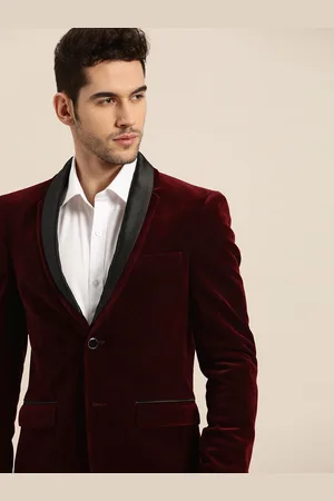 Invictus Men Maroon Solid Slim Fit Velvet Finish Single-Breasted Partywear Blazer