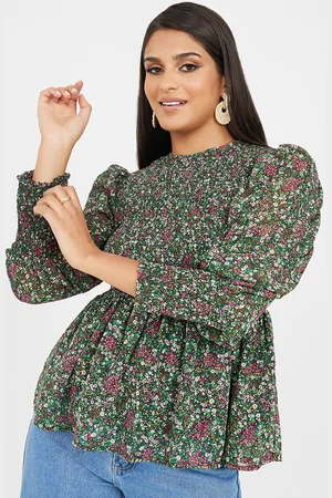 Styli Floral Printed Puff Sleeves Smocked Top