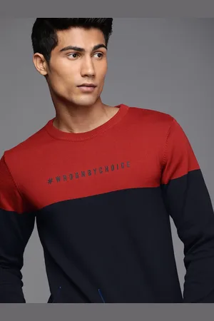 WROGN Men Red & Navy Blue Colourblocked Pullover Sweater
