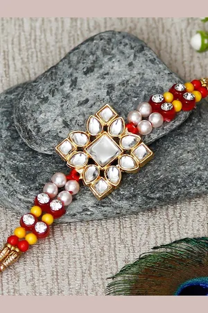eCraftIndia Gold-Toned & Red Designer Stone Work Rakhi & Roli Chawal Pack