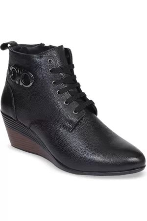 ZOOM Women Pointed Toe Mid Top Lightweight Leather Wedges Regular Boots