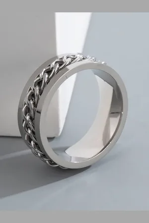 Meenaz Men Set Of 2 Silver-Plated Enameled & Chain Designed Stainless Steel Finger Ring