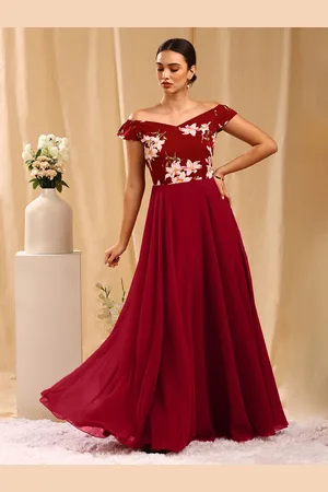 Maroon Velvet Embellished Ball Gown with Drape Sleeves – Trendy Divva