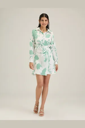 20Dresses Sea Green Floral Print Shirt Collar Cuffed Sleeve A-Line Dress