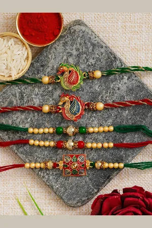 eCraftIndia Pack of 5 Multicolored Meenakari Designer Thread Rakhis