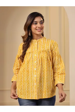 Jaipur Yellow Ethnic Printed Mandarin Collar Cotton Shirt Style Top