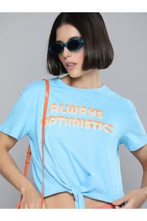 Flying Machine Women Blue & Orange Printed Pure Cotton Crop Boxy T-shirt with Tie-ups