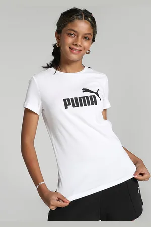 PUMA Girls White Brand Logo Printed Regular Fit Cotton T-shirt