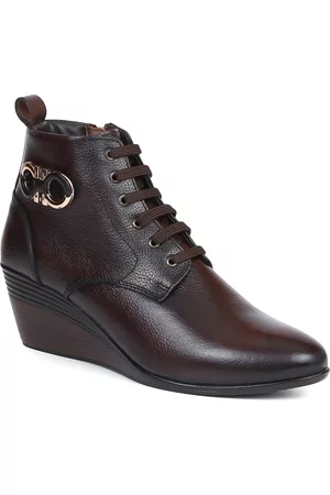 ZOOM Women Pointed Toe Mid Top Lightweight Leather Wedges Regular Boots
