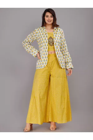 Kalini Women Printed Cotton Crop Top And Palazzo With Jacket Set