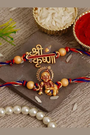 eCraftIndia Multicoloured Pack of 2 Krishna Religious Rakhis and Roli Chawal
