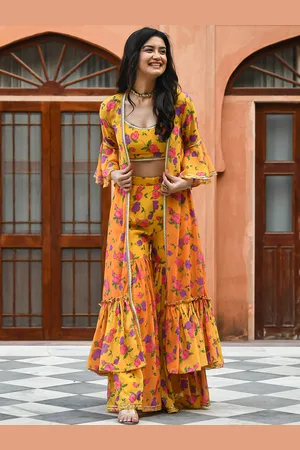 Bunaai Floral Printed Regular Top With Sharara & Jacket