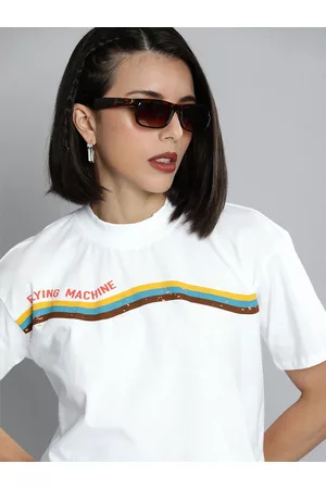 Flying Machine Women White Striped Pure Cotton Boxy T-shirt