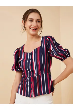 Rare Fashion Navy Blue Red & White Colour Variegated Striped Puff Sleeve Top