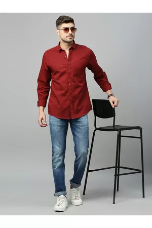 Mast & Harbour Maroon Classic Slim Fit Cotton Linen Casual Shirt