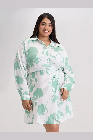 20Dresses Plus size Sea Green Floral Print Shirt Collar Cuffed Sleeve A-Line Dress