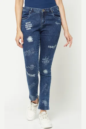 Crimsoune Club Women Navy Blue Skinny Fit Heavy Fade Printed Stretchable Jeans