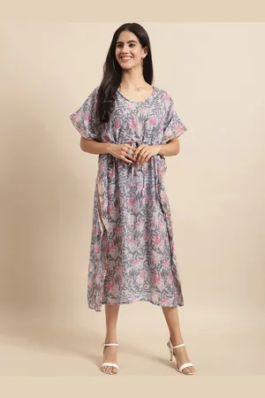Kalini Floral Printed & Tie Up Detailed Silk Kaftan Dress