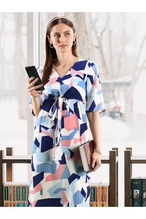Campus Women Off White & Blue Printed A-Line Midi Dress