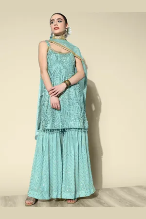Chhabra 555 Turquoise Blue Embellished Sequinned Georgette Kurta With Sharara & Dupatta