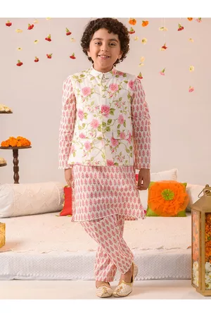 pspeaches Boys Floral Printed Regular Pure Cotton Kurta With Pyjamas & Nehru Jacket