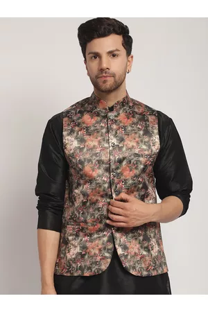 Kaifoo Mandarin Collar Floral Printed Cotton Silk Nehru Jacket
