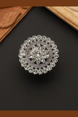 Priyaasi Silver-Plated & AD-Studded Floral Shaped Adjustable Finger Ring